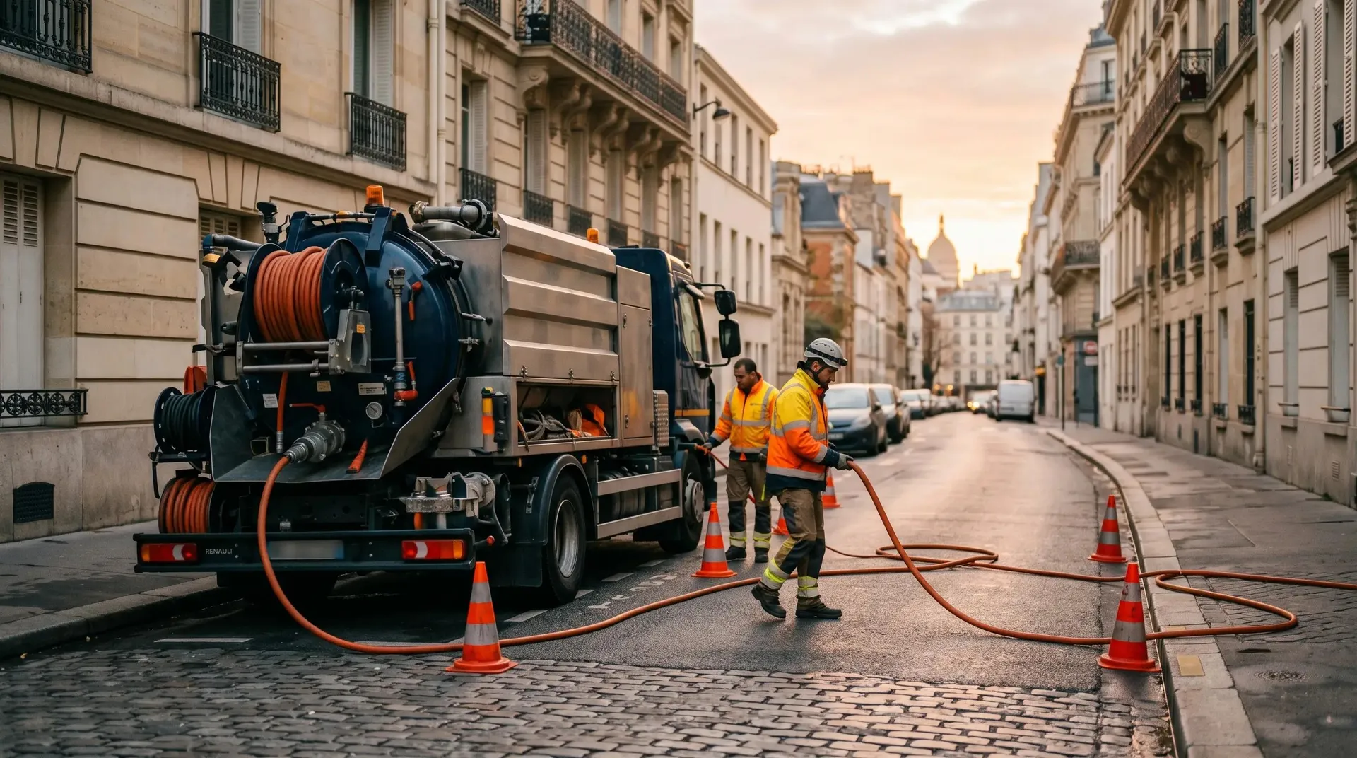Camion hydrocureur AquaPro pour débouchage de canalisation dans une rue d'Aubervilliers